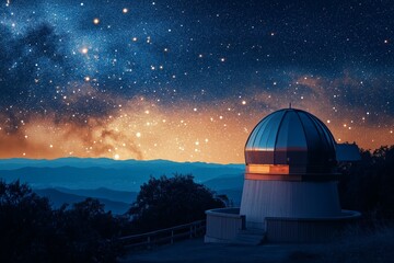 Obraz premium An observatory stands under a brilliant, starry night sky with a backdrop of mountains and a glowing horizon.