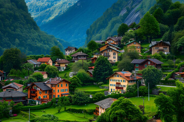 Mountain Village Landscape with Houses and Lush Greenery - Photo