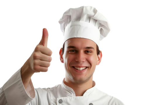 Young chef giving a thumbs-up, isolated on white background