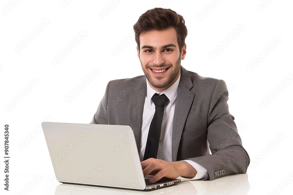 Poster young businessman smiling while using laptop isolated on white background