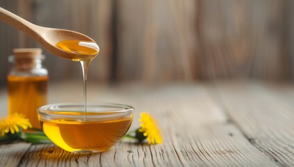 Honey dripping from a wooden spoon into a glass bowl on a rustic table