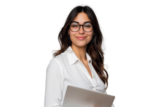 Young brunette woman with glasses, holding a laptop, professional appearance, isolated on white background