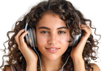 Young brunette woman with curly hair, wearing headphones, looking happy, isolated on white background