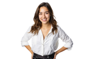 Young brunette woman smiling confidently, hands on hips, business casual attire, isolated on white background