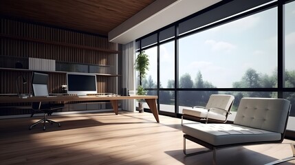 Fototapeta premium Modern Living Room with Panoramic View: Elegant and Stylish Interior Design