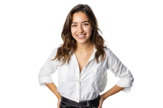 Young brunette woman smiling confidently, hands on hips, business casual attire, isolated on white background