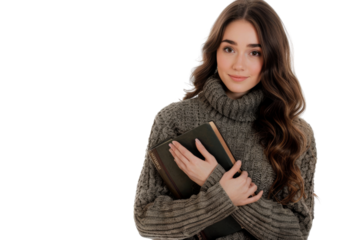 Young brunette woman holding a book, dressed in cozy sweater, intellectual look, isolated on white background