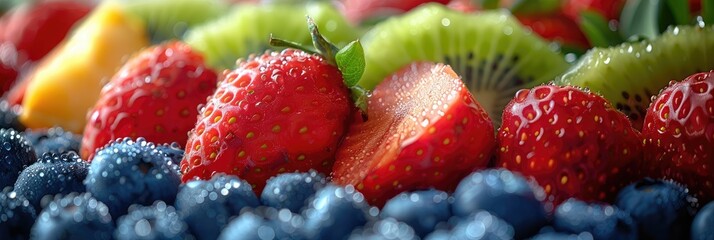 Close-up of fresh, colorful fruits including strawberries, blueberries, and kiwi slices, with a vibrant, healthy and organic appeal.