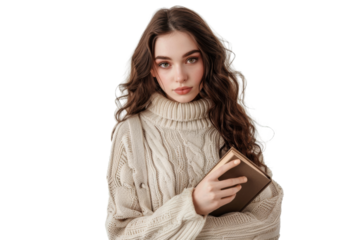 Young brunette woman holding a book, dressed in cozy sweater, intellectual look, isolated on white background