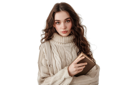 Young brunette woman holding a book, dressed in cozy sweater, intellectual look, isolated on white background