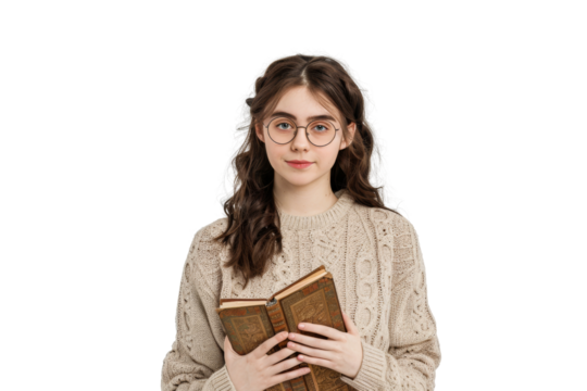 Young brunette woman holding a book, dressed in cozy sweater, intellectual look, isolated on white background