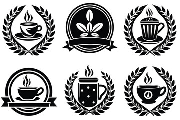 Black and White Coffee Cup and Leaf Wreath Logo Designs
