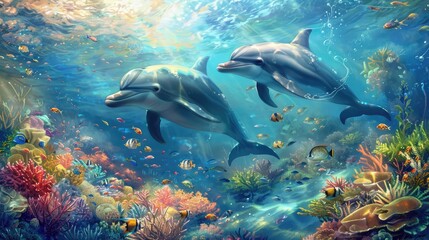 Fototapeta premium Two dolphins swim over a coral reef. The image is perfect for websites, social media, or print that focuses on ocean life, marine animals, or nature.