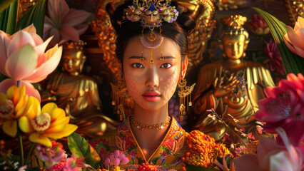 Fototapeta premium Regal Portrait of an Asian Queen with Golden Accents and Flowers