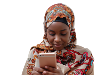 Young African American woman in headscarf scrolling on smartphone Isolated on white background