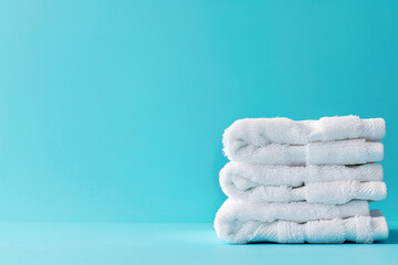 white towels on blue background with copy space