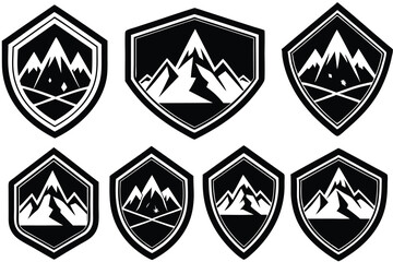 A Set of Black and White Mountain Logos Inside of Shields