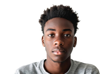 Fototapeta premium Young African American male looking at camera with a calm expression Isolated on white background