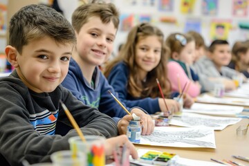 Fototapeta premium Elementary school students are engaged in drawing, sitting at a long table with paints and brushes