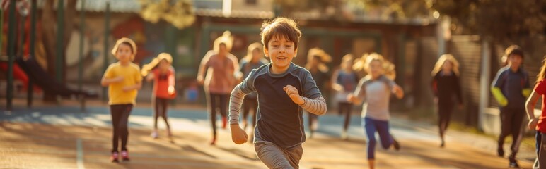 Physical education lesson, children perform exercises on the school playground