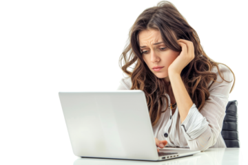 Worried businesswoman working on laptop, isolated on white background