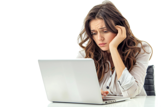 Worried businesswoman working on laptop, isolated on white background