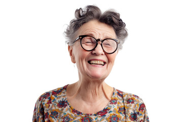 Obraz premium Woman with eyeglasses laughing joyfully Isolated on white background