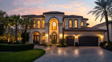 Fototapeta premium Luxurious two-story suburban house, evening twilight, warm golden lights illuminating windows and arched entrance, three-car garage, manicured front lawn, landscaped garden.
