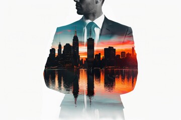 Double exposure of businessman in suit and cityscape silhouette