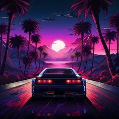 Retro Car in Neon Landscape: Futuristic and Nostalgic