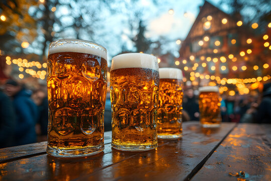 2 pints of lager beer on a wood table outside during an autumn October day 
