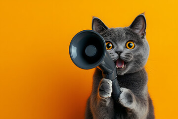 A fun and energetic image featuring a cute cat with a megaphone with a vibrant background, perfect for announcements and marketing promotions