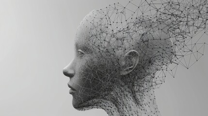 A digital render of a person's head with an abstract black line pattern.