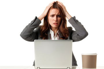 Stressed businesswoman typing on laptop, isolated on white background