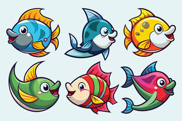 Fototapeta premium Six Cartoon Fish Swimming in Various Colors and Poses
