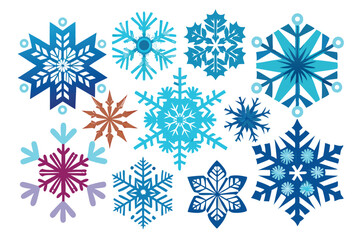 Collection of Colorful Snowflakes on White Background