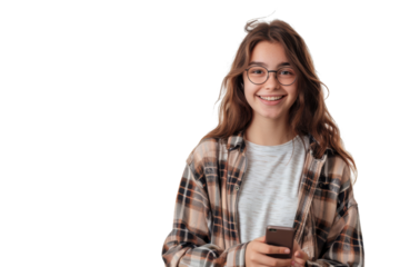 Teenage girl checking messages on phone, isolated on white background