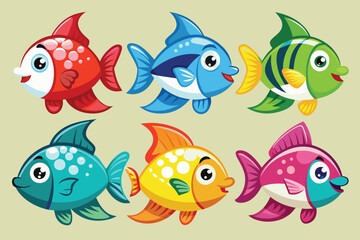 Fototapeta premium Six Cartoon Fish with Different Colors and Patterns