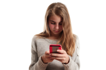 Teenage girl checking messages on phone, isolated on white background