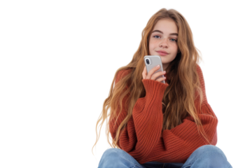 Teenage girl checking messages on phone, isolated on white background