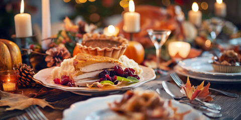 A Thanksgiving dinner plate with a slice of pumpkin pie, roasted turkey, mashed potatoes, and cranberry sauce, set on a festive table with candles, autumn leaves, and a warm, inviting atmosphere.