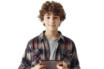 Teen boy standing with a tablet, tech-savvy look, isolated on white background