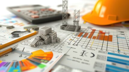 Generate a photo realistic image of a construction project featuring financial planning charts and budget outlines; ensure the image is of high resolution for clear and detailed quality,