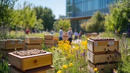Beekeeping on a corporate campus, with employees interacting with beehives in a landscaped garden