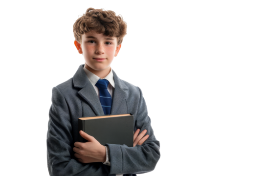 Teen boy standing with a book, school uniform, isolated on white background - Powered by Adobe