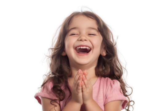 Sweet plump girl laughing and clapping her hands Isolated on white background