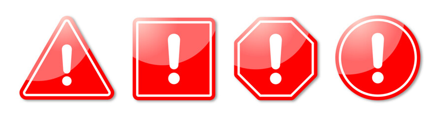 Hazard symbol in red color with exclamation symbol in shiny glossy style in different shapes. Caution symbols set with exclamation mark in various shapes. Danger warning icon set.