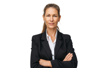 Successful middle aged businesswoman with ponytail in formal attire Isolated on white background