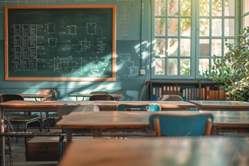A photo of a chalkboard filled with complex mathematical equations and geometric diagrams in a well-lit classroom during midday