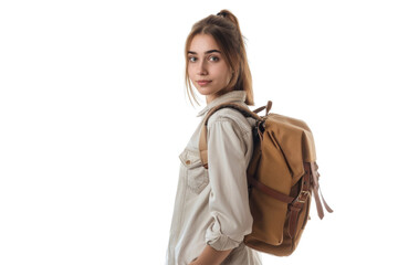 Stylish young woman with backpack, looking over shoulder, isolated on white background